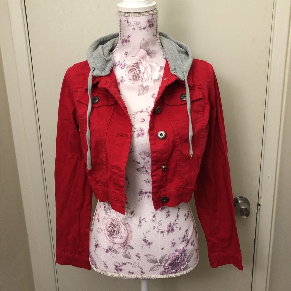 Red denim jacket with gray hoodie